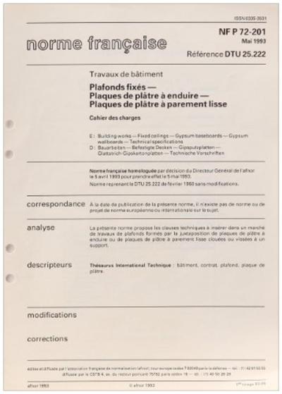 Picture of DTU 25.222 PLAFONDS FIXES. PLAQUES DE PLATRE A ENDUIRE. PLAQUES DE PAREMENT LISS