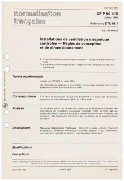 Picture of DTU 68.1 INSTALLATIONS DE VENTILATION MECANIQUE CONTROLEE