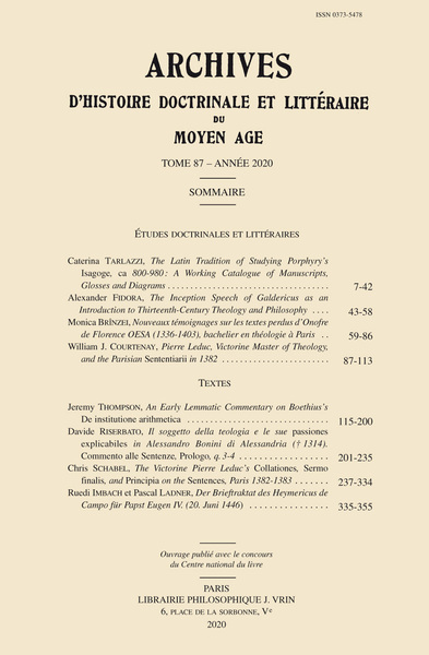 Image de Archives d'Histoire littéraire et doctrinale du Moyen Âge LXXXVII – 2020