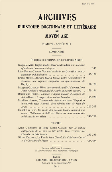 Image de Archives d'Histoire litteraire et doctrinale du Moyen-Age LXXVIII - 2011