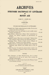 Image de Archives d'Histoire litteraire et doctrinale du Moyen-Age LXXVIII - 2011