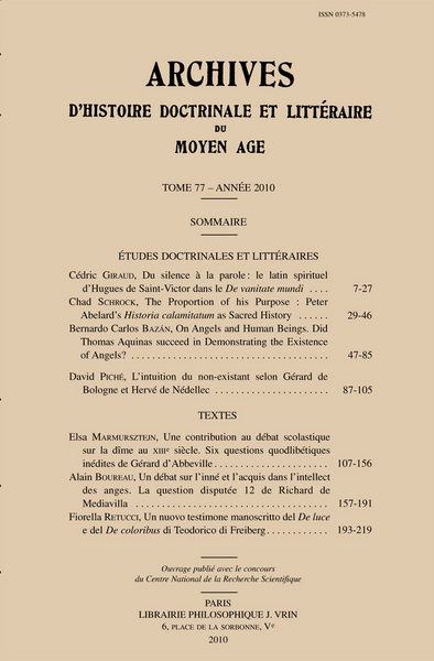 Image de Archives d'Histoire litteraire et doctrinale du Moyen-Age LXXVII - 2010