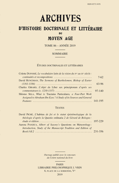 Image de Archives d'Histoire littéraire et doctrinale du Moyen Âge LXXXVI – 2019