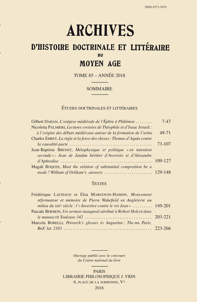 Image de Archives d'Histoire littéraire et doctrinale du Moyen Âge LXXXV – 2018