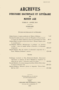 Image de Archives d'Histoire littéraire et doctrinale du Moyen Âge LXXXV – 2018