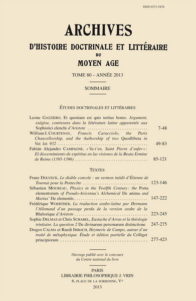 Image de Archives d'Histoire littéraire et doctrinale du Moyen-Âge LXXX – 2013
