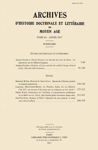Image de Archives d'Histoire littéraire et doctrinale du Moyen Âge LXXXIV – 2017
