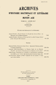 Image de Archives d'Histoire littéraire et doctrinale du Moyen Âge LXXXIV – 2017