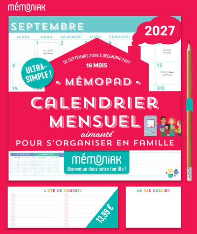 Image de Mémopad calendrier mensuel aimanté 2027 - 16 mois, septembre 2026 à décembre 2027