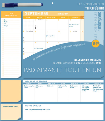 Image de Pad mensuel calendrier aimanté tout-en-un 2027, sept. 2026-déc. 2027