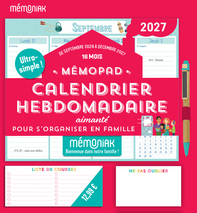 Image de Mémopad calendrier hebdomadaire aimanté 2027 - 16 mois, septembre 2026 à décembre 2027