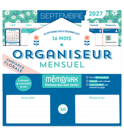 Image de Organiseur mensuel Mémoniak 2027 - Ambiance florale, 16 mois, septembre 2026-décembre 2027