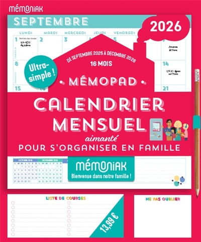 Picture of Mémopad calendrier mensuel bloc aimanté 2026, sept. 2025-déc. 2026, organisation familiale