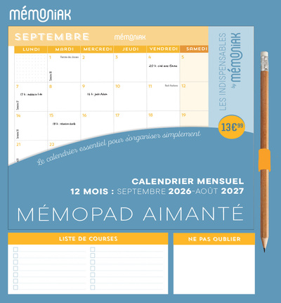 Image de Mémopad calendrier mensuel aimanté 2027 - Mes Indispensables by Mémoniak 12 mois septembre 2026-août 2027