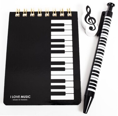 Image de CADEAU MUSIQUE : PETIT CARNET AVEC DESIGN DE CLAVIER PIANO ET STYLO PIANO ET GOMME