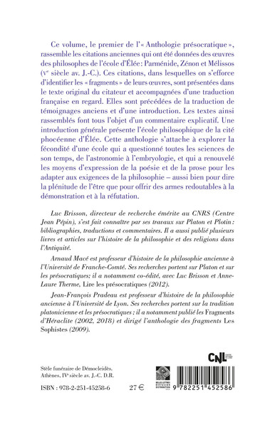 Les Éléates, Fragments des œuvres de Parménide, Zénon et Mélissos (9782251452586-back-cover)