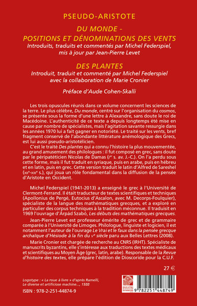 Du Monde  Positions et dénominations des vents  Des plantes (9782251448749-back-cover)