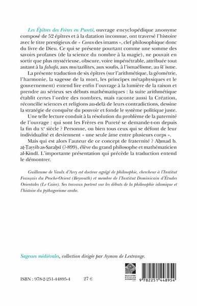Les Épîtres des Frères en Pureté (Rasā’il Ikhwān al-ṣafā), Mathématique et philosophie (9782251448954-back-cover)