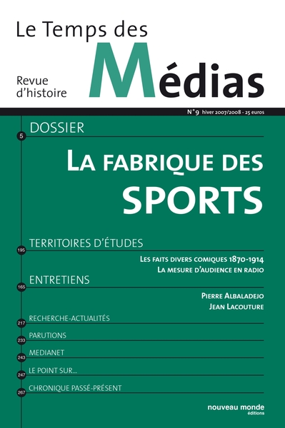 Le Temps des médias n° 9, La fabrique des sports (9782847362800-front-cover)
