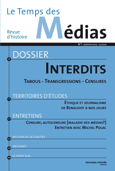 Le Temps des médias n° 1, Interdits : Tabous - Transgressions - Censures (9782847360370-front-cover)