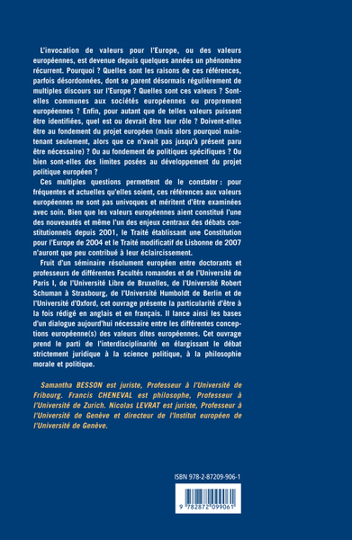 DES VALEURS POUR L'EUROPE ? (9782872099061-back-cover)