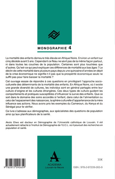 Déterminants socio-culturels de la mortalité des enfants en Afrique noire (9782872092659-back-cover)
