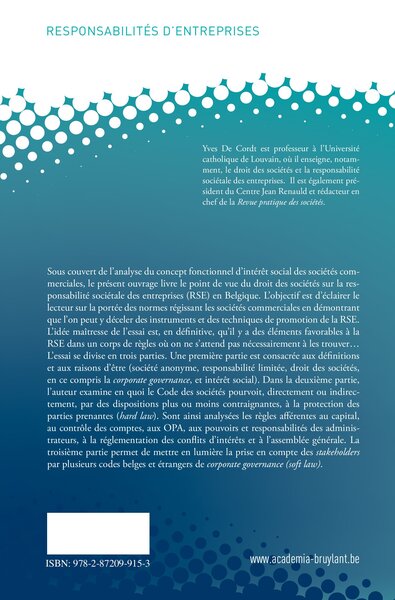 L'INTERET SOCIAL COMME VECTEUR DE LA RESPONSABILITE SOCIETALE (9782872099153-back-cover)