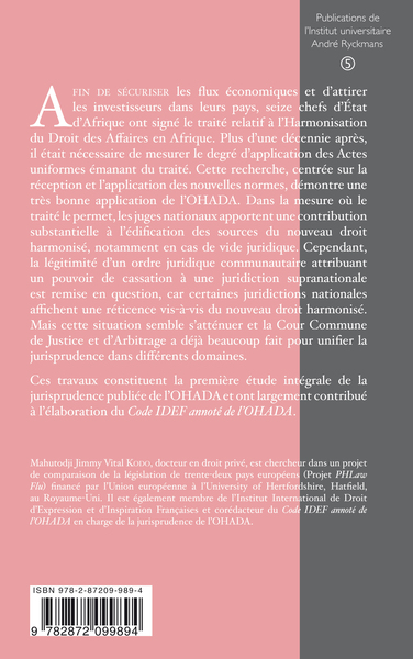 L'application des actes uniformes de l'OHADA (9782872099894-back-cover)