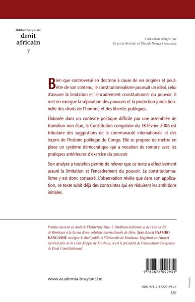 La constitution congolaise du 18 février 2006 à l'épreuve du constitutionnalisme, Contraintes pratiques et perspectives (9782872099931-back-cover)