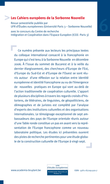 NOUVEAUX VISAGES DE LA FRANCOPHONIE EN EUROPE (9782872099207-back-cover)