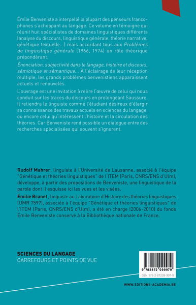 Relire Benveniste, Réceptions actuelles des Problèmes de linguistique générale (9782872099979-back-cover)