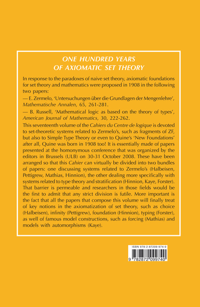 One Hundred Years of Axiomatic Set Theory (9782872099740-back-cover)