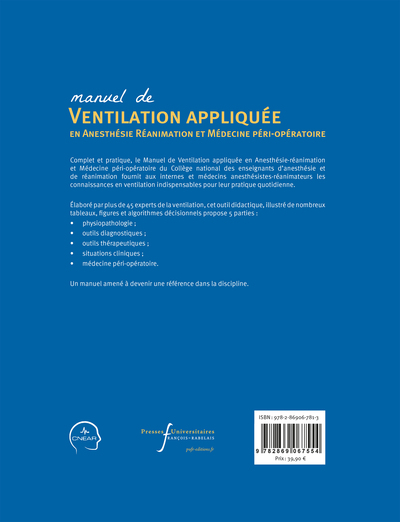 Manuel de ventilation appliquée en anesthésie réanimation et médecine péri-opératoire (9782869067813-back-cover)