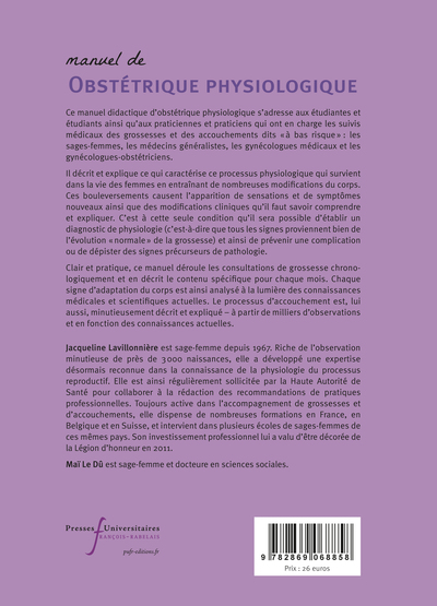 Manuel d'obstétrique physiologique, pour l'accompagnement des femmes et des couples au cours de la grossesse et de l'accouchemen (9782869068858-back-cover)