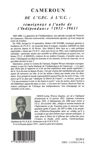 Cameroun de l'UPC à VUC, Témoignage à l'aube (9782858025145-back-cover)