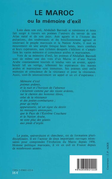 Le Maroc ou la mémoire de l'exil (poèmes ardents) (9782858021222-back-cover)