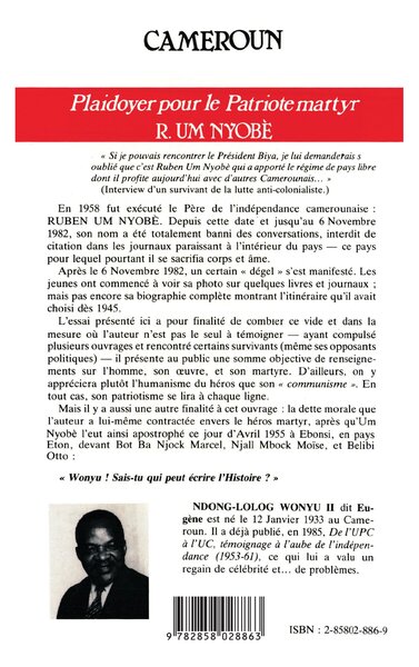 Cameroun, plaidoyer pour le patriote martyr Um Nyobe (9782858028863-back-cover)