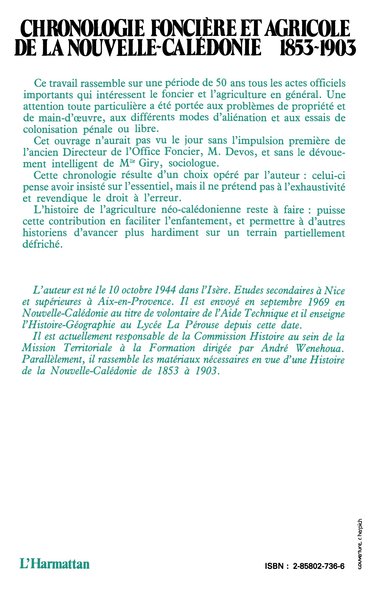 Chronologie foncière et agricole de la Nouvelle Calédonie (9782858027361-back-cover)