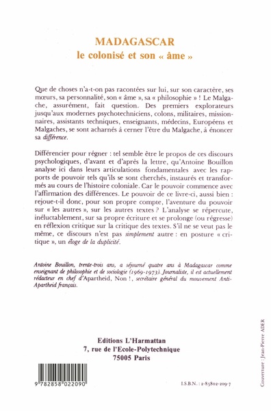 Madagascar - Le colonisé et son âme (9782858022090-back-cover)