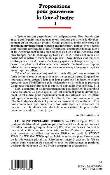 Propositions pour gouverner la Côte-d'Ivoire (9782858028825-back-cover)