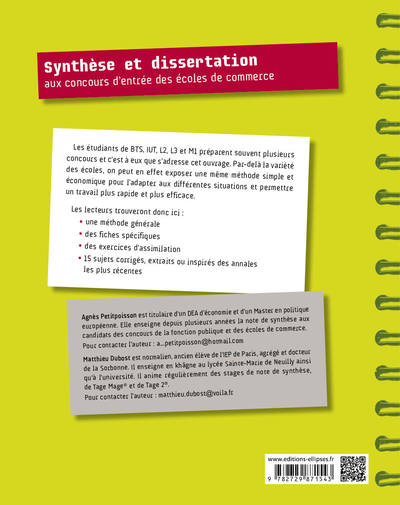 Synthèse et dissertation aux concours d'entrée des écoles de commerce. Bac+2-3-4. EM Lyon, Audencia, Edhec, HEC- ESCP - EAP, Tre (9782729871543-back-cover)