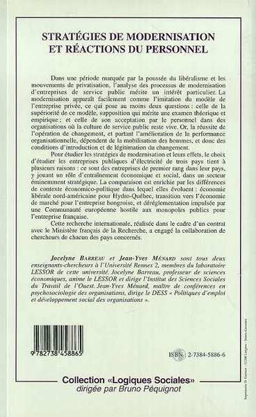 STRATÉGIES DE MODERNISATION ET RÉACTIONS DU PERSONNEL, Le cas de trois entreprises publiques d'électricité : Electricité de Fran (9782738458865-back-cover)