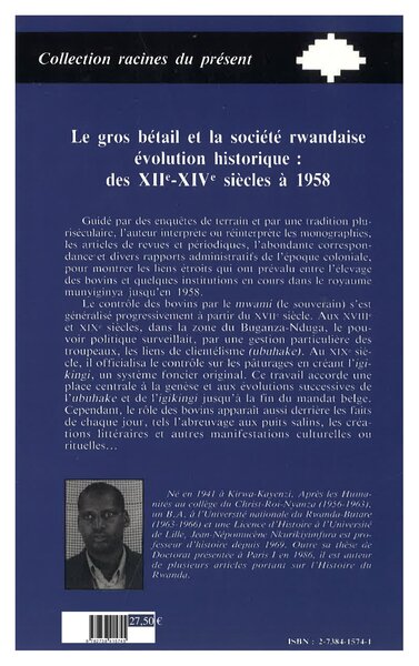 Le gros bétail et la société rwandais, Evolution historique des XIIe-XIVe à 1958 (9782738415745-back-cover)