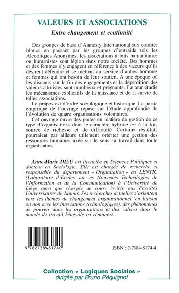 VALEURS ET ASSOCIATIONS, Entre changement et continuité (9782738481740-back-cover)