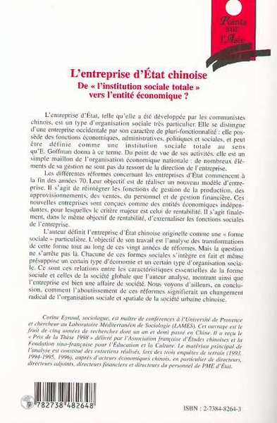 L'ENTREPRISE D'ETAT CHINOISE, De « linstitution sociale totale » vers lidentité économique ? (9782738482648-back-cover)