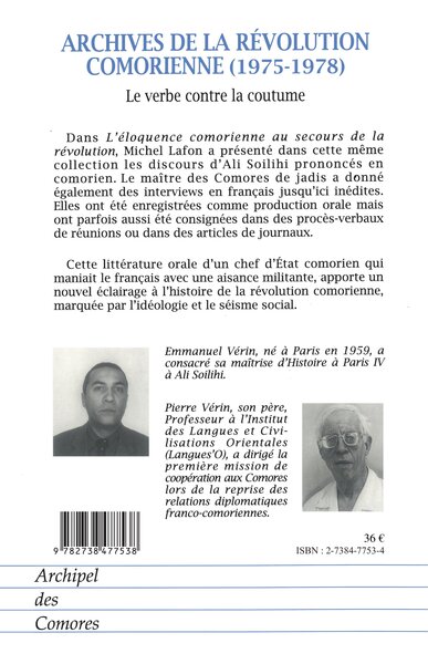 ARCHIVES DE LA RÉVOLUTION COMORIENNE, 1975-1978 Le verbe contre la coutume (9782738477538-back-cover)