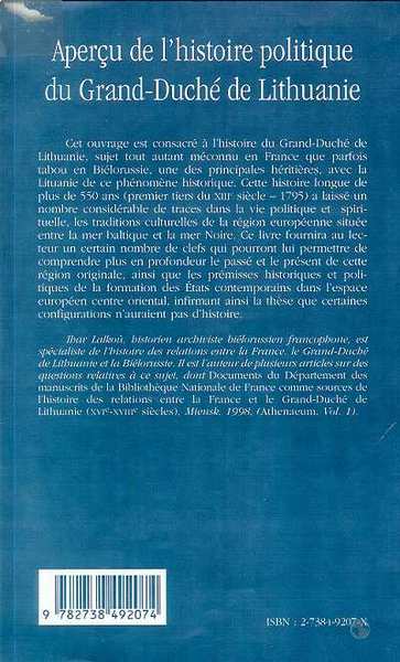 APERÇU DE L'HISTOIRE POLITIQUE DU GRAND-DUCHE DE LITUANIE (9782738492074-back-cover)