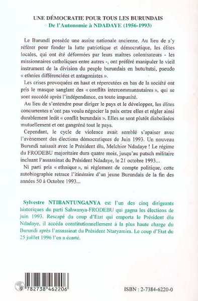 DÉMOCRATIE (UNE) POUR TOUS LES BURUNDAIS, De l'autonomie à Ndadaye 1956-1993 : volume 1 (9782738462206-back-cover)
