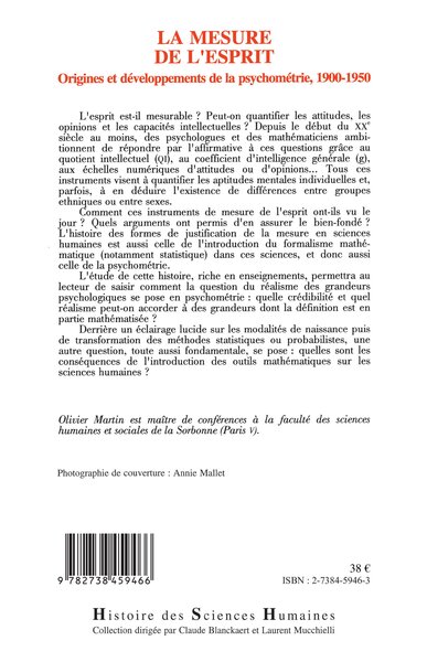 LA MESURE DE L'ESPRIT, Origines et développements de la psychométrie 1900-1950 (9782738459466-back-cover)