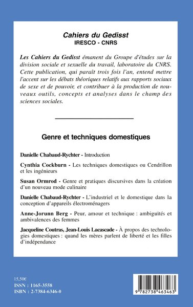 Cahiers du Genre, GENRE ET TECHNIQUES DOMESTIQUES (9782738463463-back-cover)